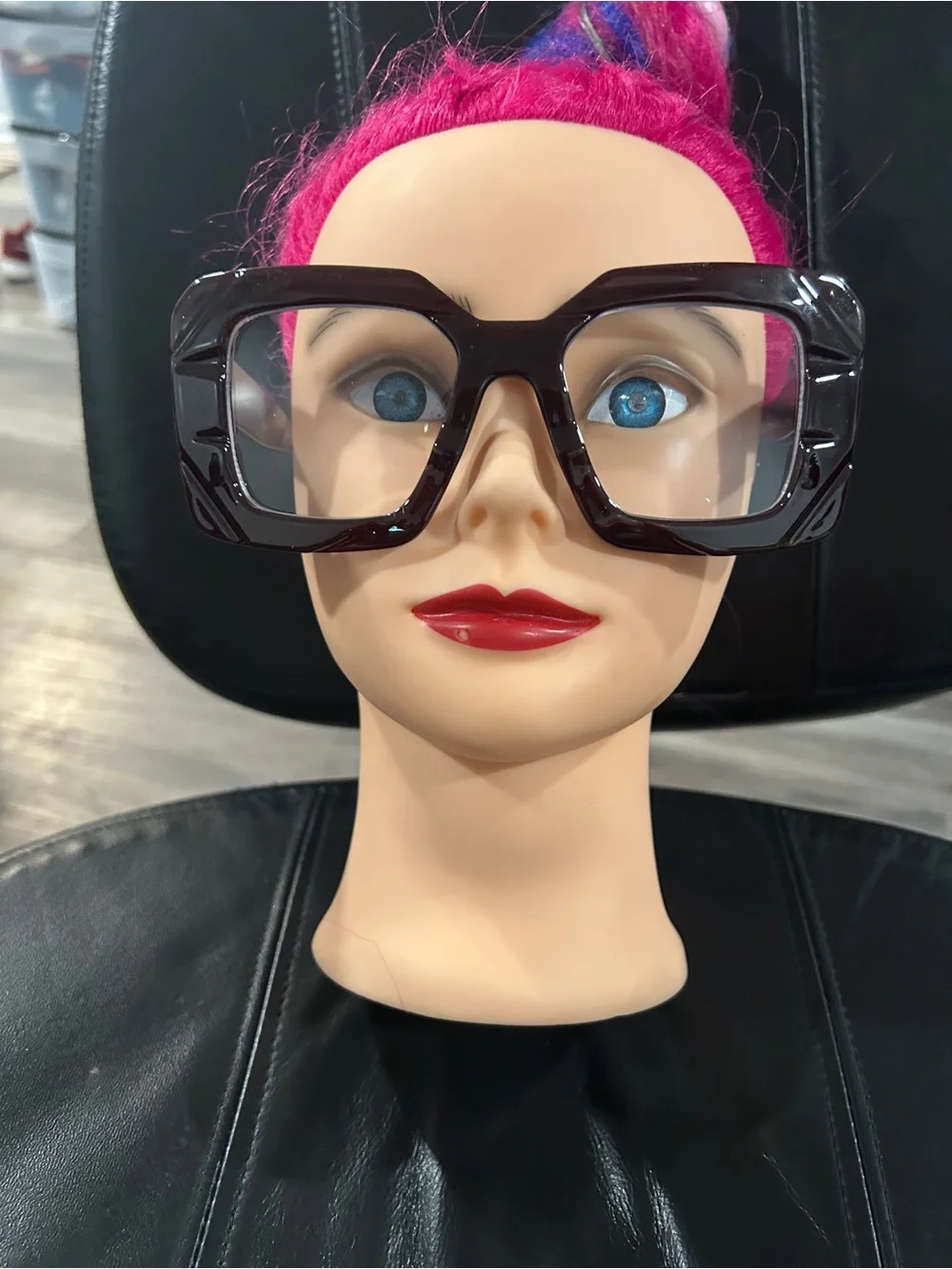 Oversized Square Frame Fashion Glasses - deep purple clear lens ready to wear.